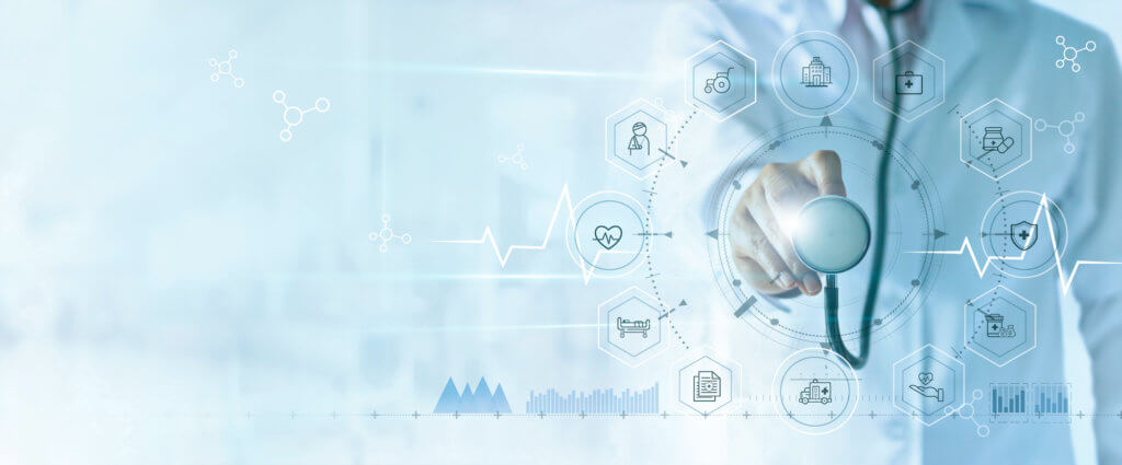 Medicine doctor with stethoscope in hand and icon insurance for health. Medical network connection on virtual screen interface. Innovation and modern medical technology concept Medicine doctor with stethoscope in hand and icon insurance for health. Medical network connection on virtual screen interface. Innovation and modern medical technology concept